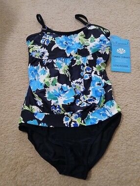 It Figures! Girls' Blue Floral One Piece Swimsuit Size 8,  Tummy Thinner